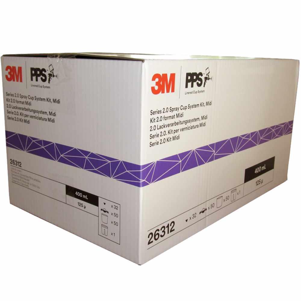 3M PPS Series 2.0 the next generation of paint preparation system, highest performing disposable spray cup system.  Kit contains 50 disposable lids with 125 micron filters, 50 disposable liners, 1 reusable hard shell cup and 32 sealing plugs.